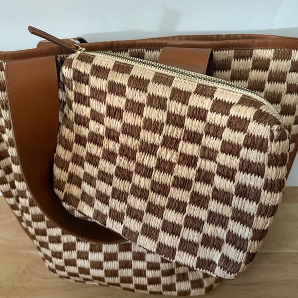 By Anthropologie Raffia Checkered Angular Tote Bag NWT - Picture 4 of 12